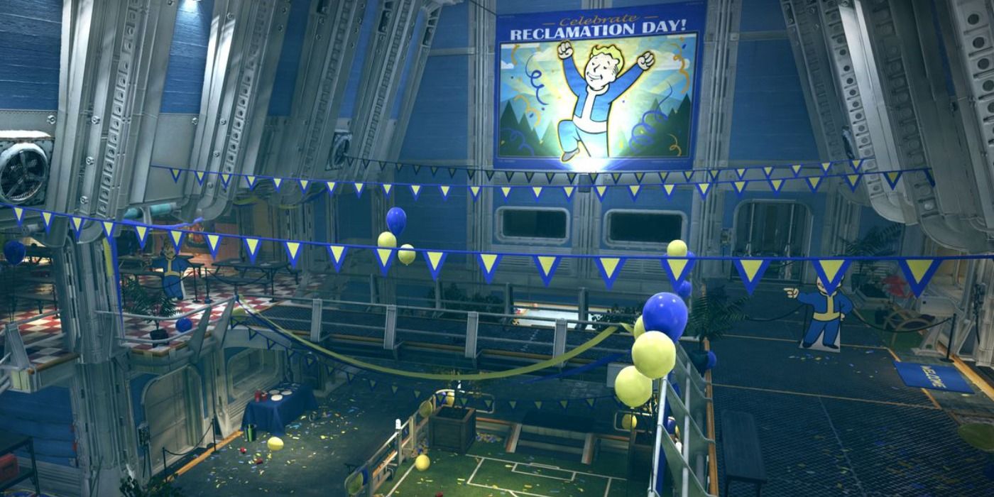 image of abandoned Fallout vault littered with leftover party decorations