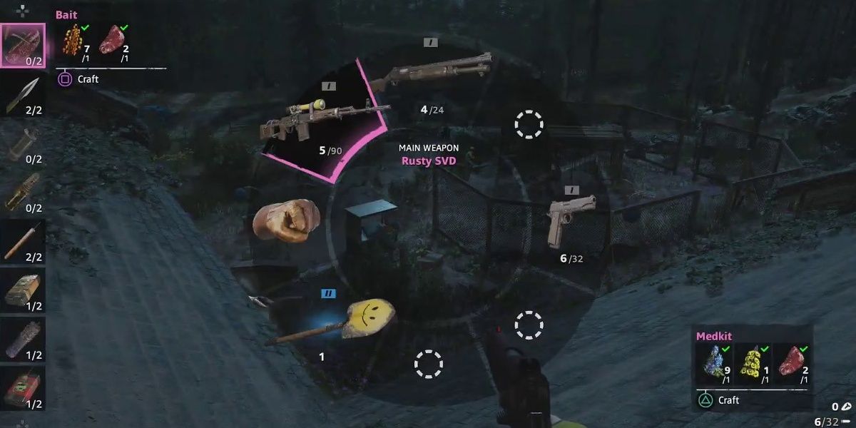 Far Cry: New Dawn's weapon wheel showing weapons and craftables