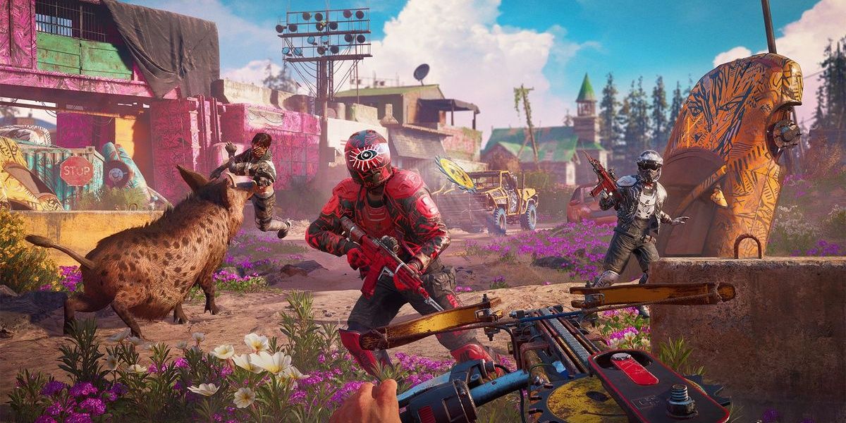 Far Cry: New Dawn enemies outside of an outpost