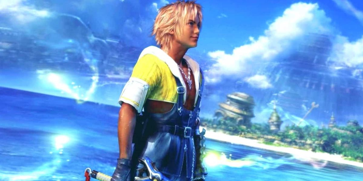 Final Fantasy X/X-2 HD Remaster Tidus promo art with glare and ocean 