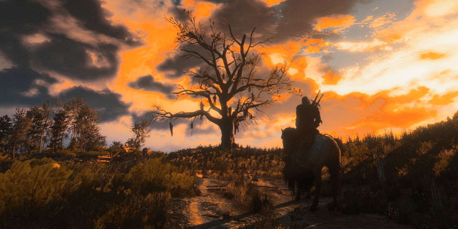 Geralt riding horse hanged man tree