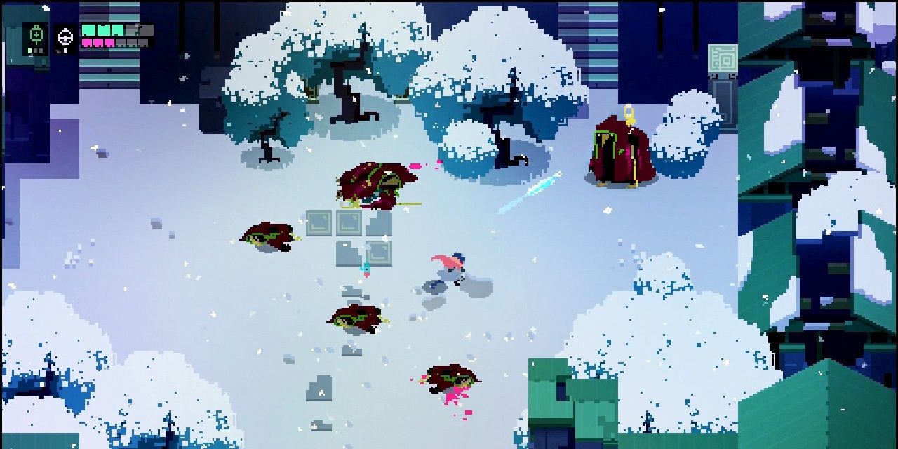 Hyper light drifter running through snowy biome