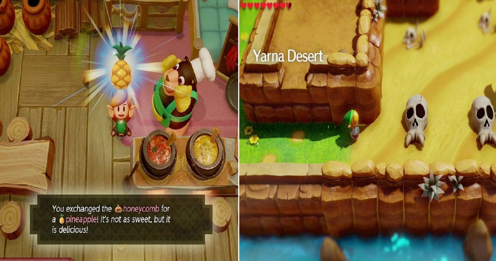A split image of screenshots of a shop in Link's Awakening and the entrance to Yarna Desert