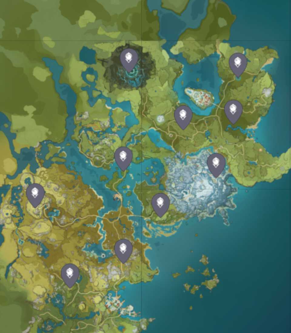 Map of all locations of Statues of Seven in Genshin Impact