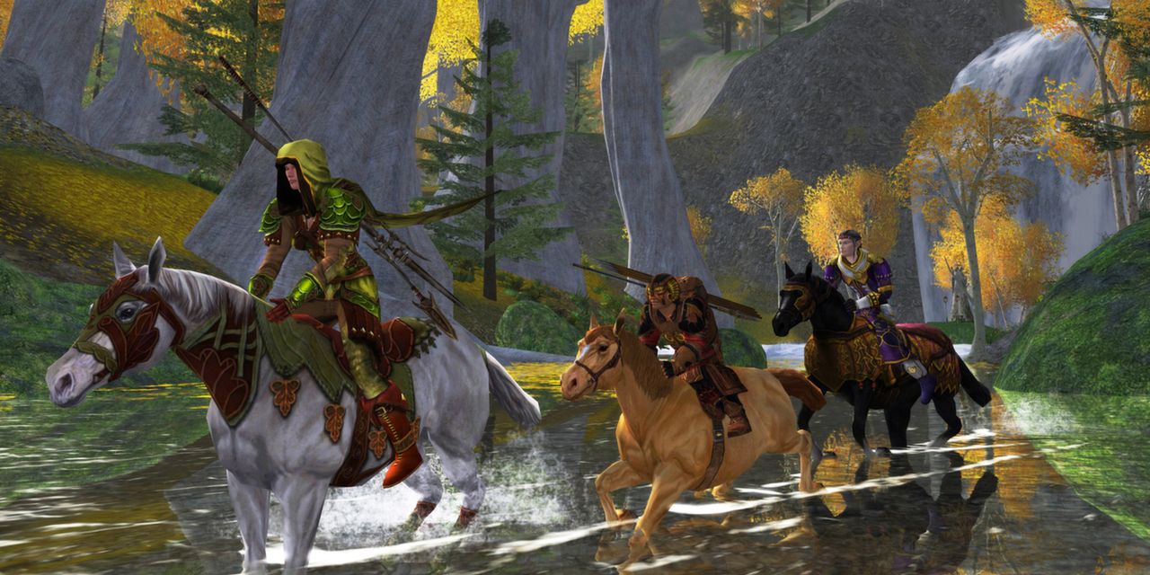 Lord of the Rings Online - персонажи едут верхом по воде