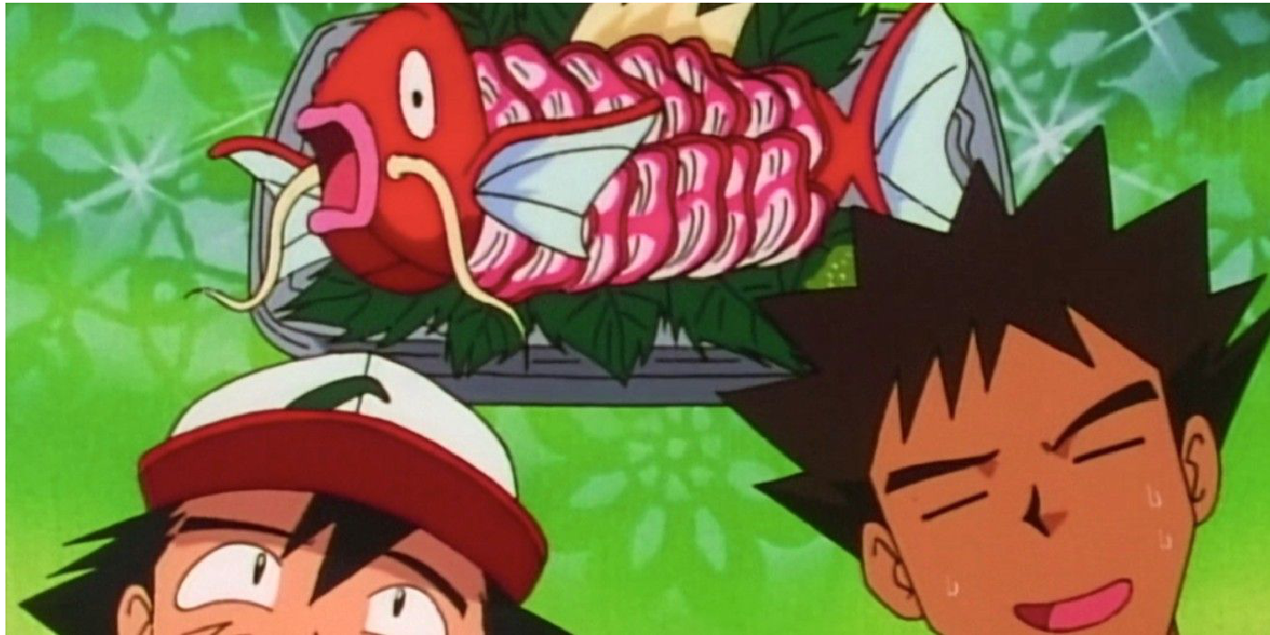 Brock and Ash thinking about cooked Magikarp