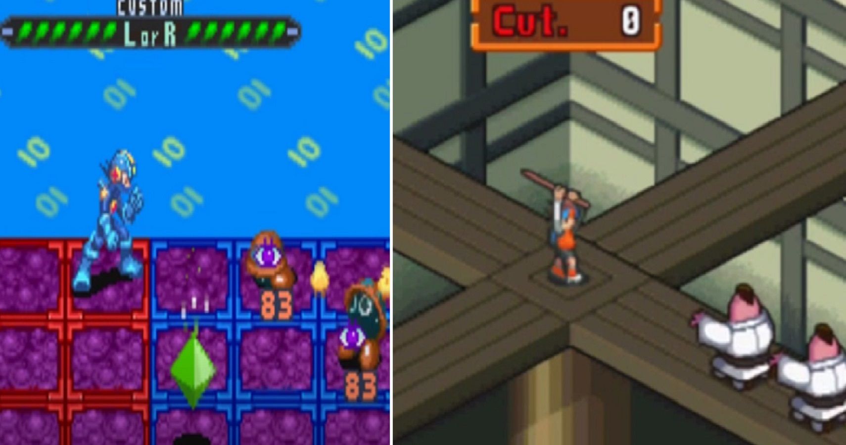 A battle and a minigame from Mega Man- Battle Network 5- Double Team DS