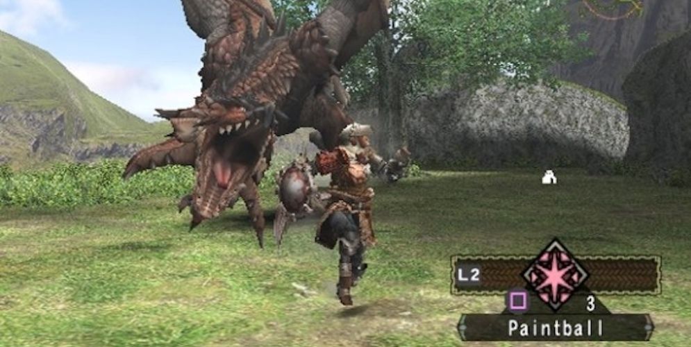 Monster hunter in armor running away from Wyvern dragon