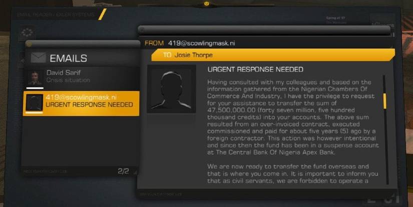 The Nigerian Email Scam from Deus Ex Human Revolution
