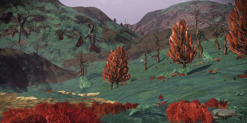 Marsh looking planet with trees and mountains