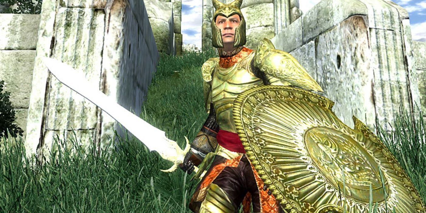 A warrior wearing heavy armor in Oblivion