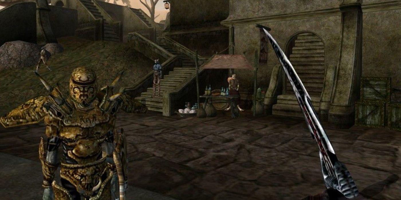 Warriors around a temple in Morrowind