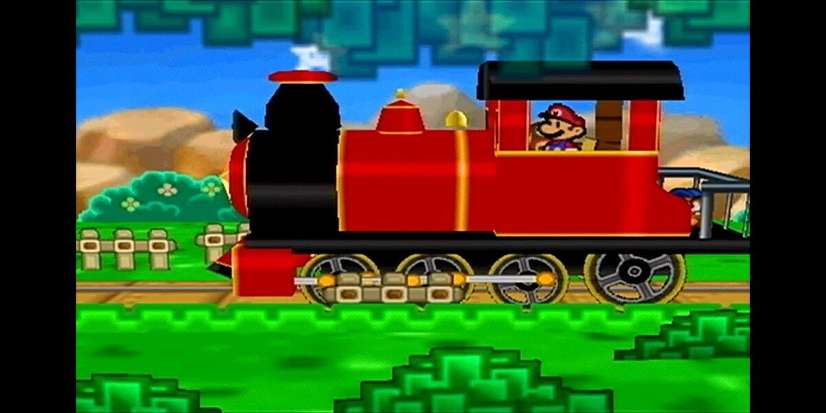 Mario on a train in Paper Mario