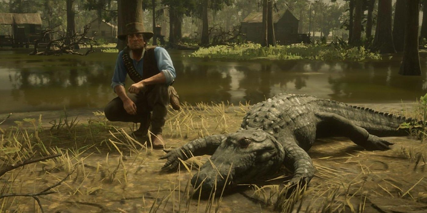 Player next to dead alligator Red Dead Online