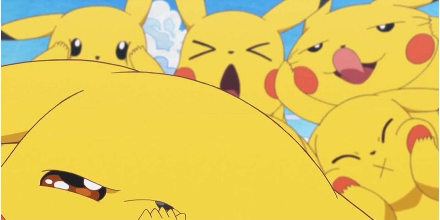 Pikachu takes selfie with other pikachus in background