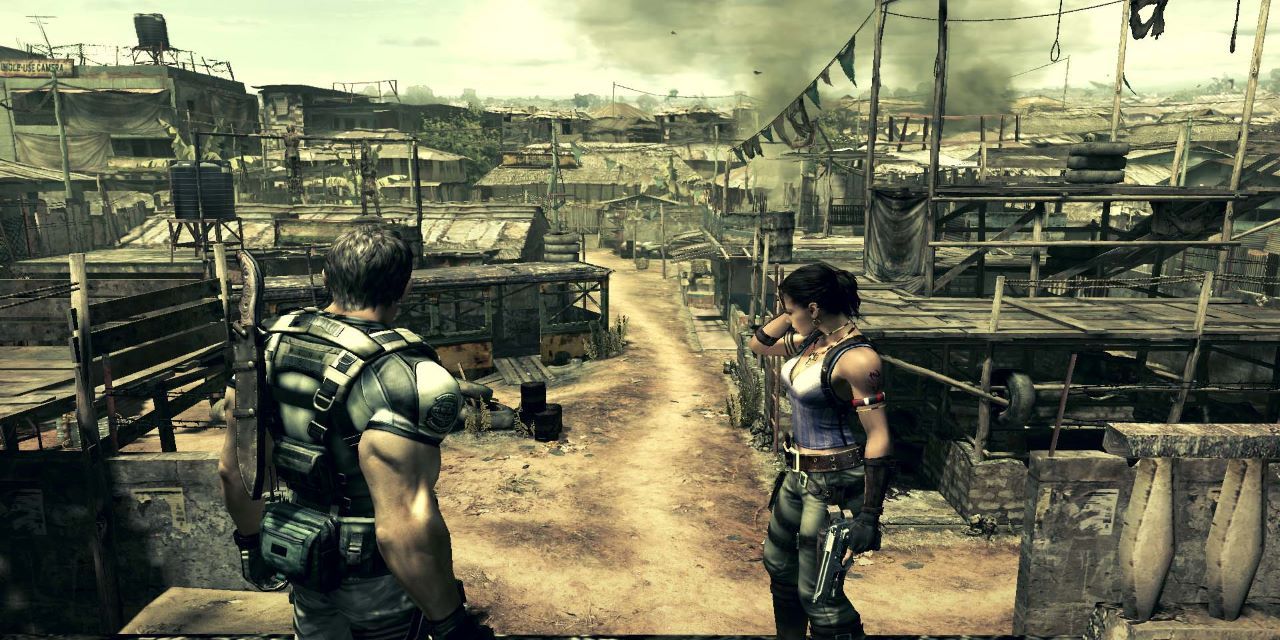 protagonists standing together in Resident Evil 5