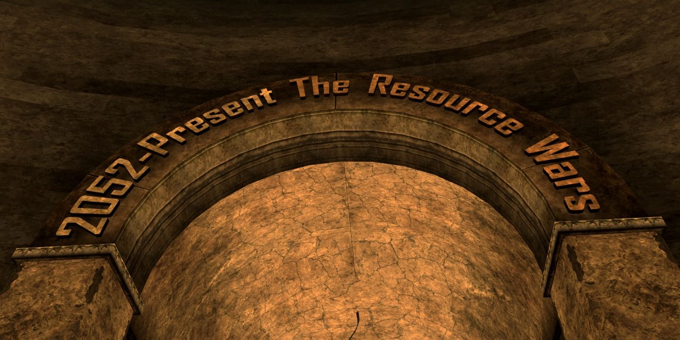 image of a plaque that says &quot;2052 - Present The Resource Wars&quot; from Fallout