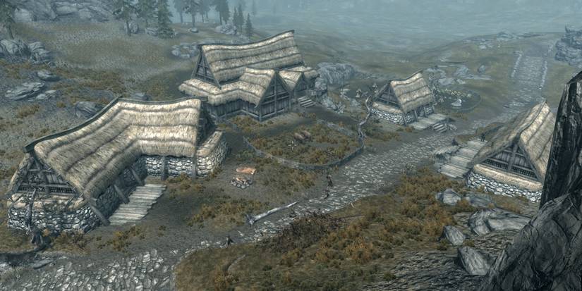 Aerial shot of Rorikstead in Skyrim