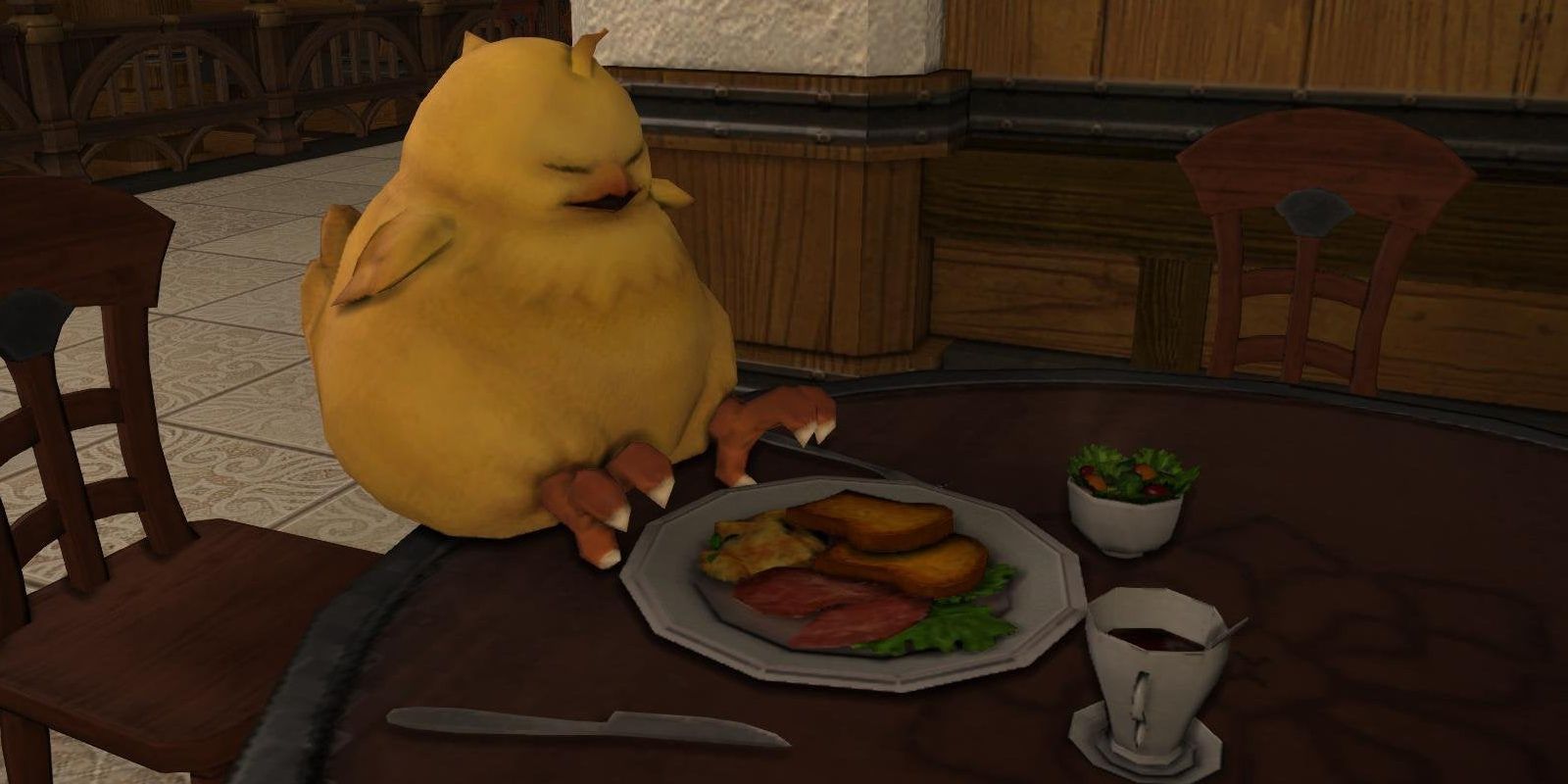 fat chocobo chick on table with food