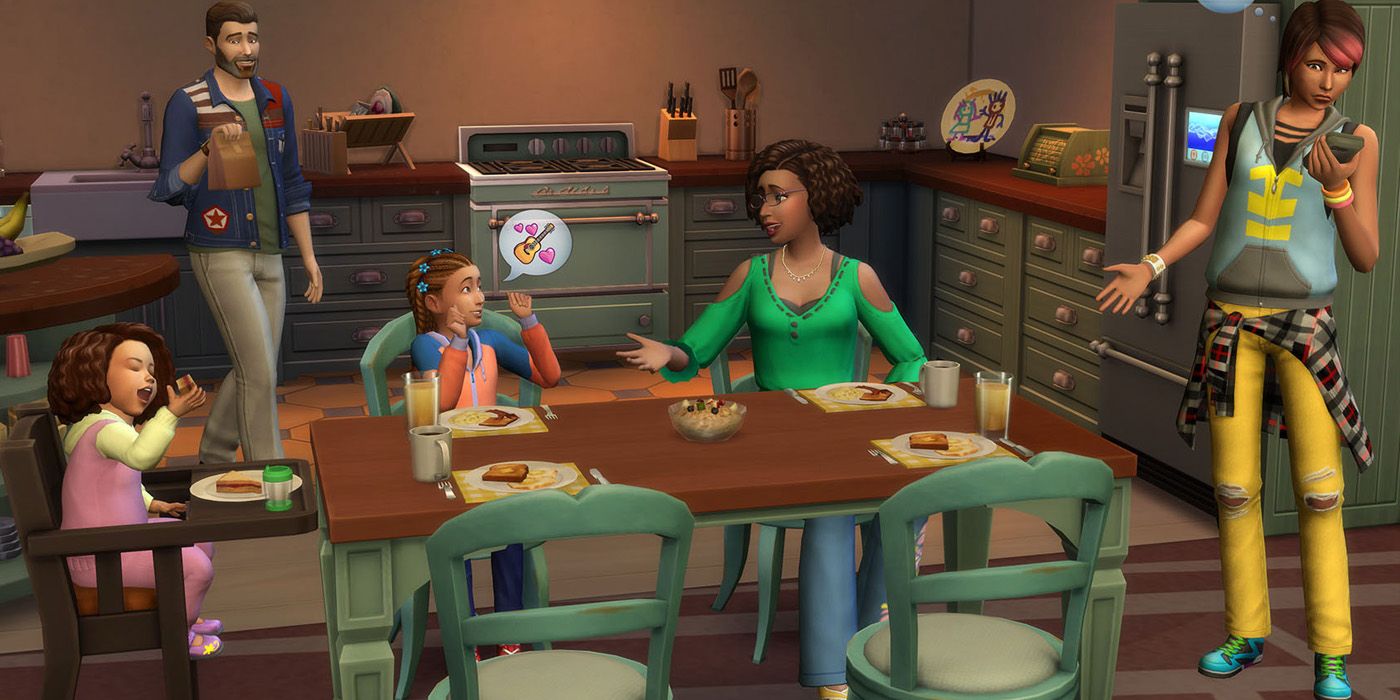 Sims 4 oparenthood family dinner sat at table.