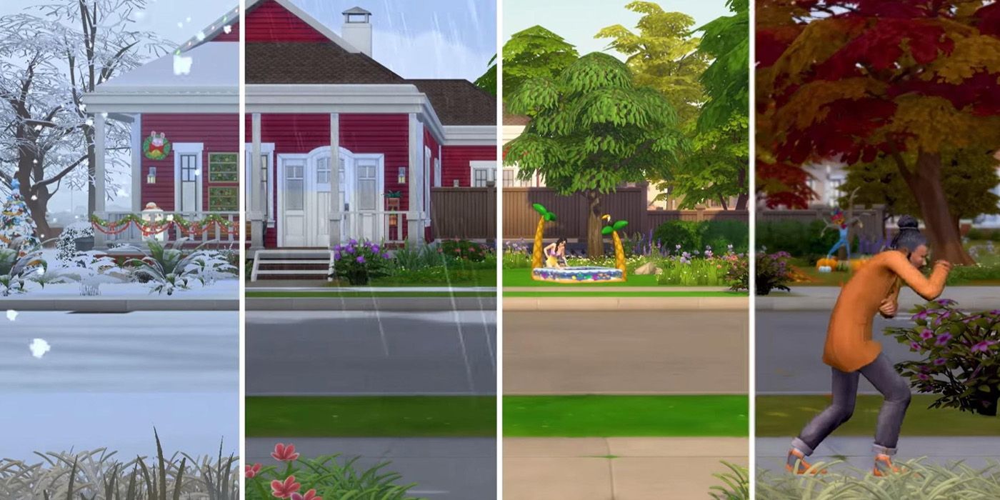 sims 4 seasons split image of the 4 seasons in game.