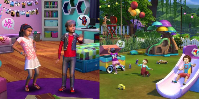 split image, one side kids in a bedroom, the other toddlers playing in a yard.