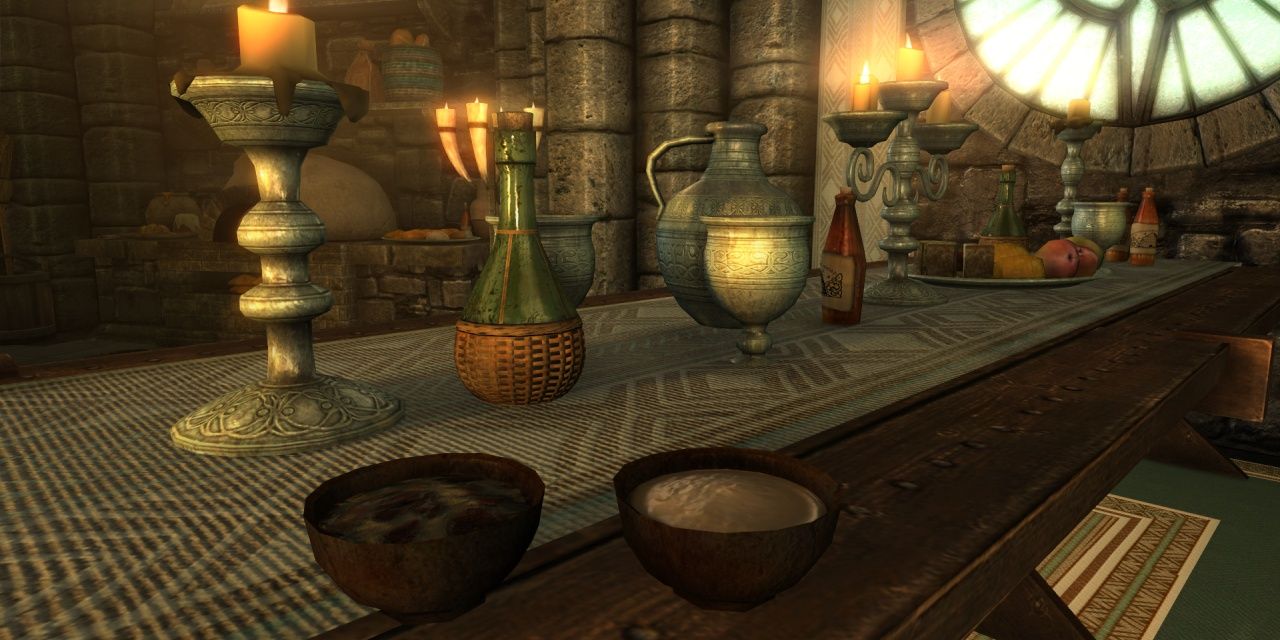 Various consumable items on a table in Skyrim