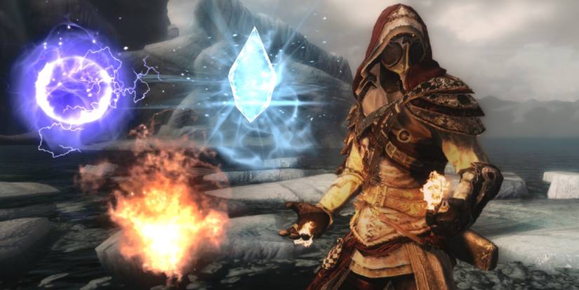 A collage of different destruction spells in Skyrim