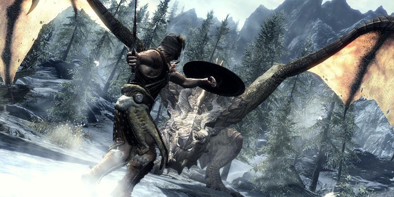 A player fighting a dragon, cinematic image not gameplay