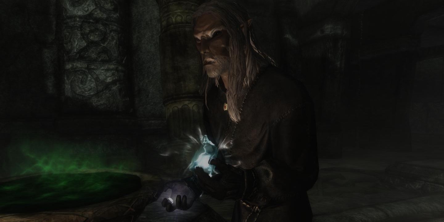 Skyrim Orchendor mage holding two spells.