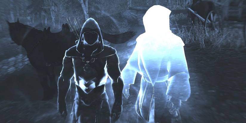 Skyrim Two Ethereal People In Front Of Horse