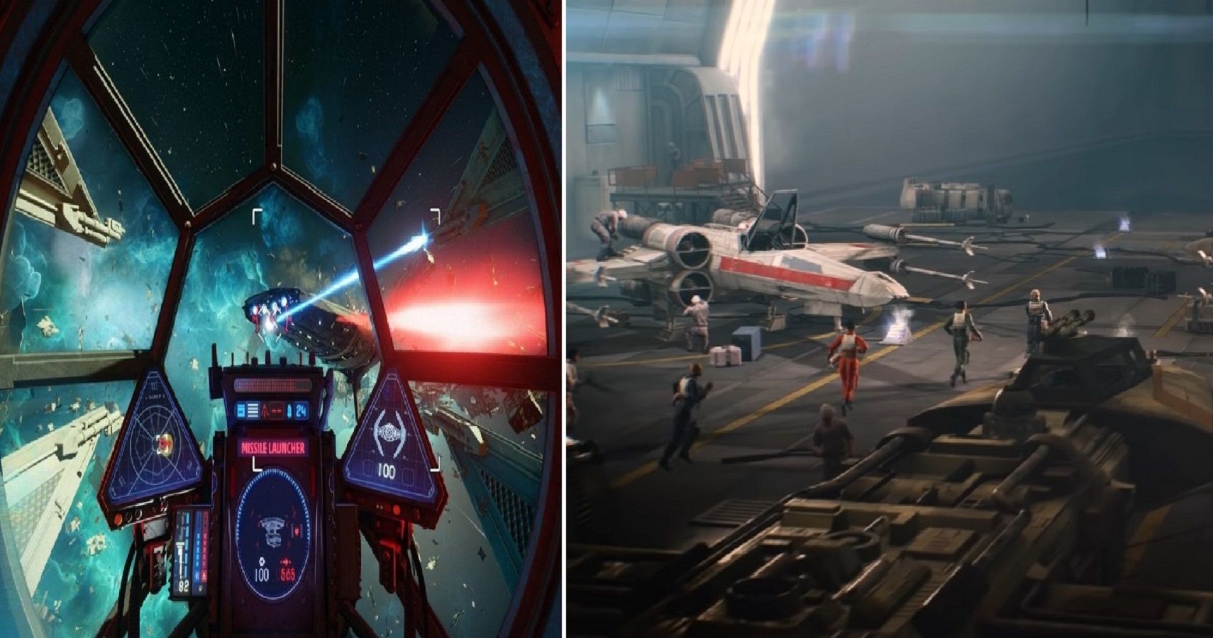 A split image of screenshots from Star Wars Squadrons Rebel Hangar