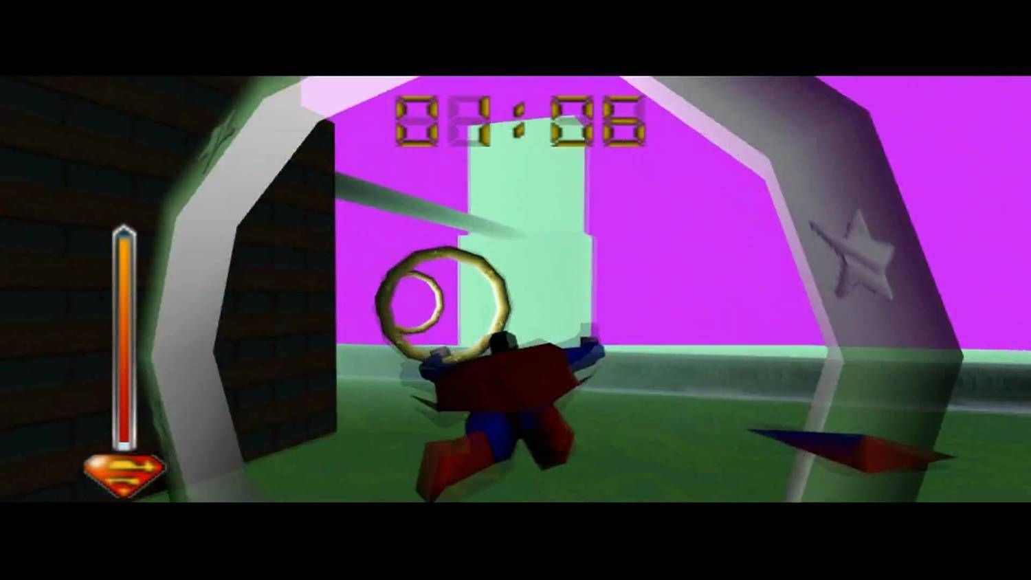 Superman flying through a ring in Superman 64