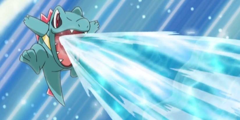 Totodile using Water Gun in anime