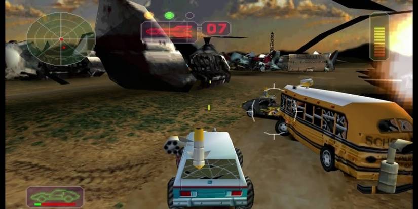 car driving next to a schoolboy with a missile