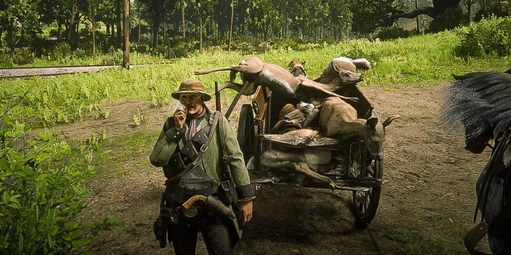 Player standing in front of wagon full of animals Red Dead Online