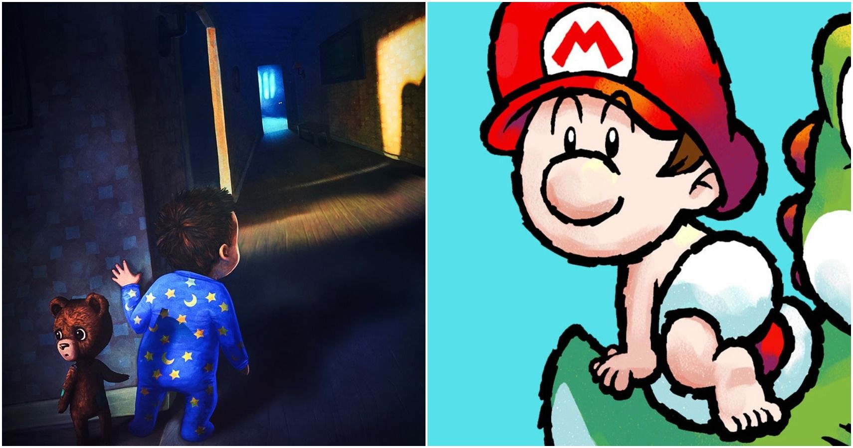 split image of baby and baby mario