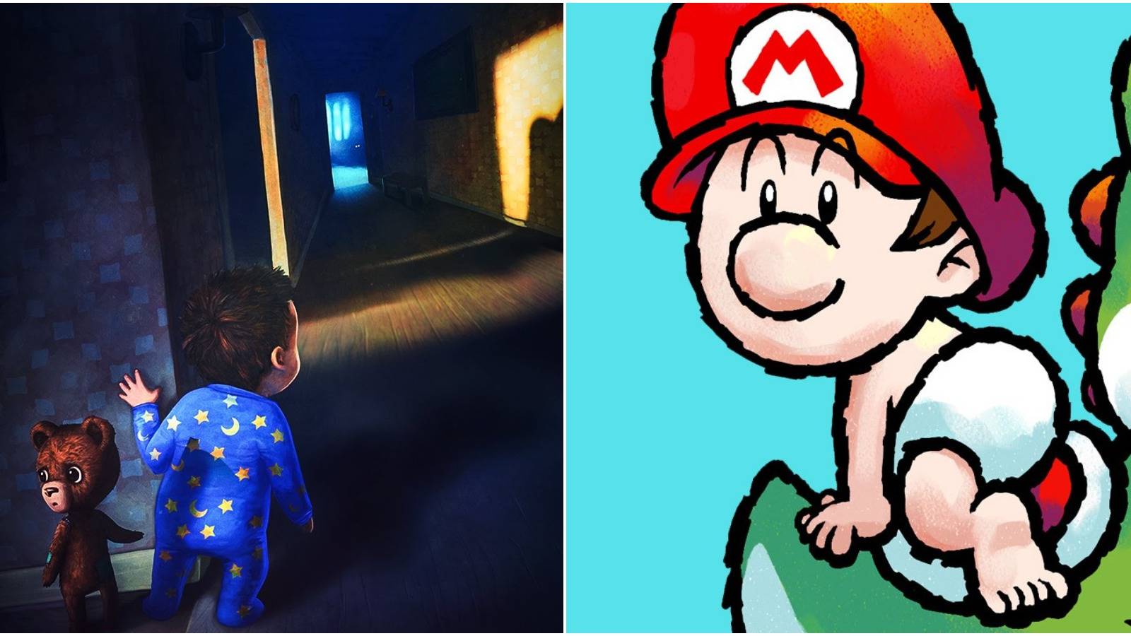 split image of baby and baby mario