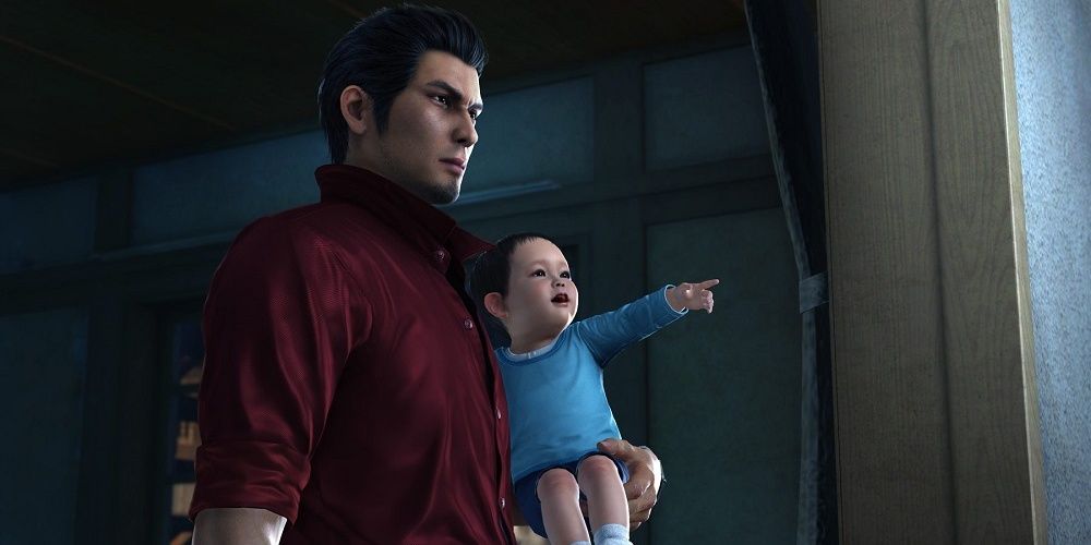 Yakuza 6 Kiryu with baby