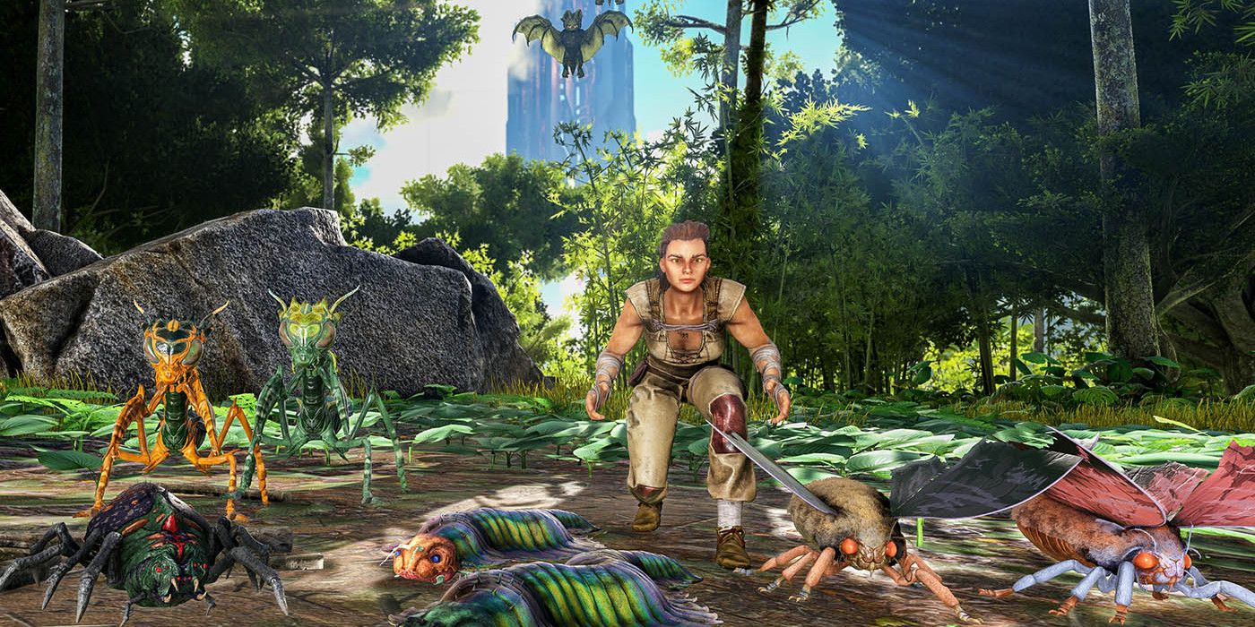 A survivor stands among the newly breedable creatures in ARK: Survival Evolved. Featured are spiders, arthropluera, moths, mantises, and bats.