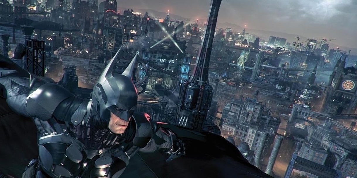 batman flying with gotham skyline in background