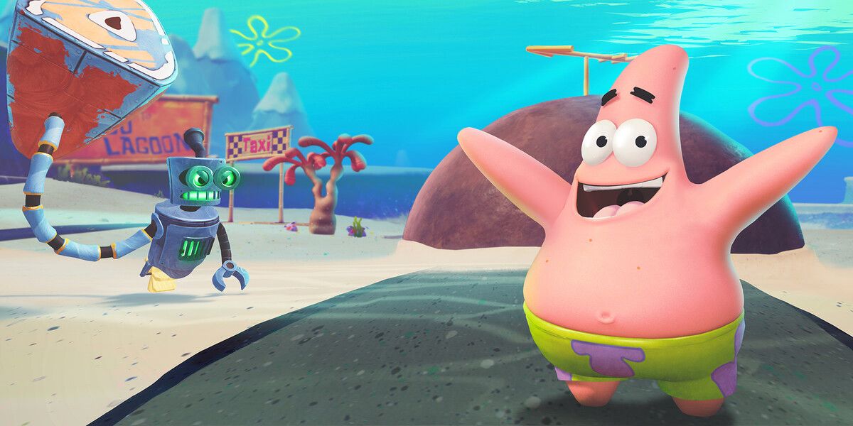 Patrick and a menacing robot in battle for bikini bottom