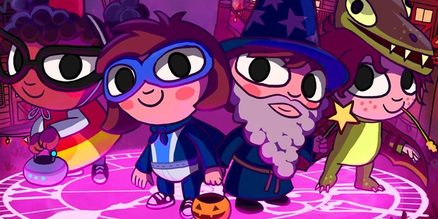 halloween game Costume Quest 2 promo art with wizard and superhero costumed characters