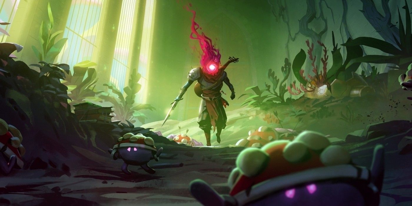 Dead Cells guy and mushroom enemy from The Bad Seed DLC