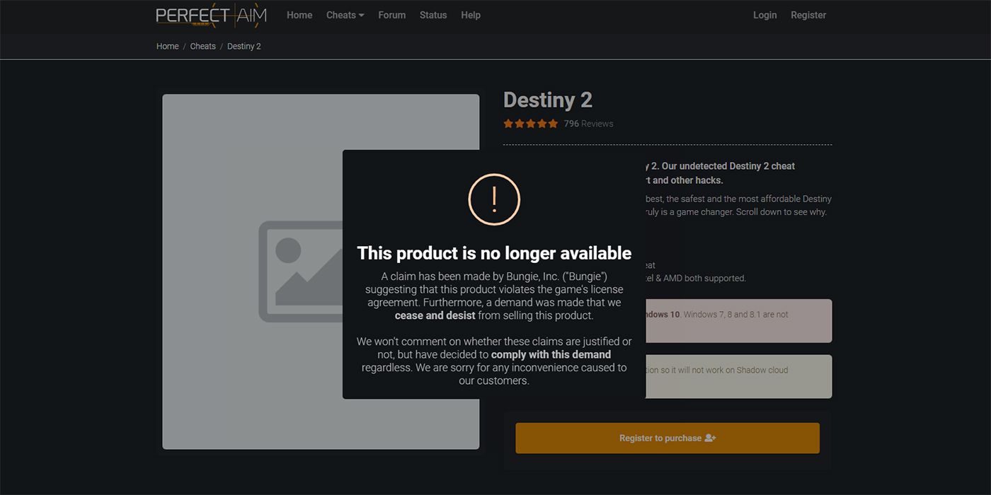 destiny 2 perfectaim cheat software taken down