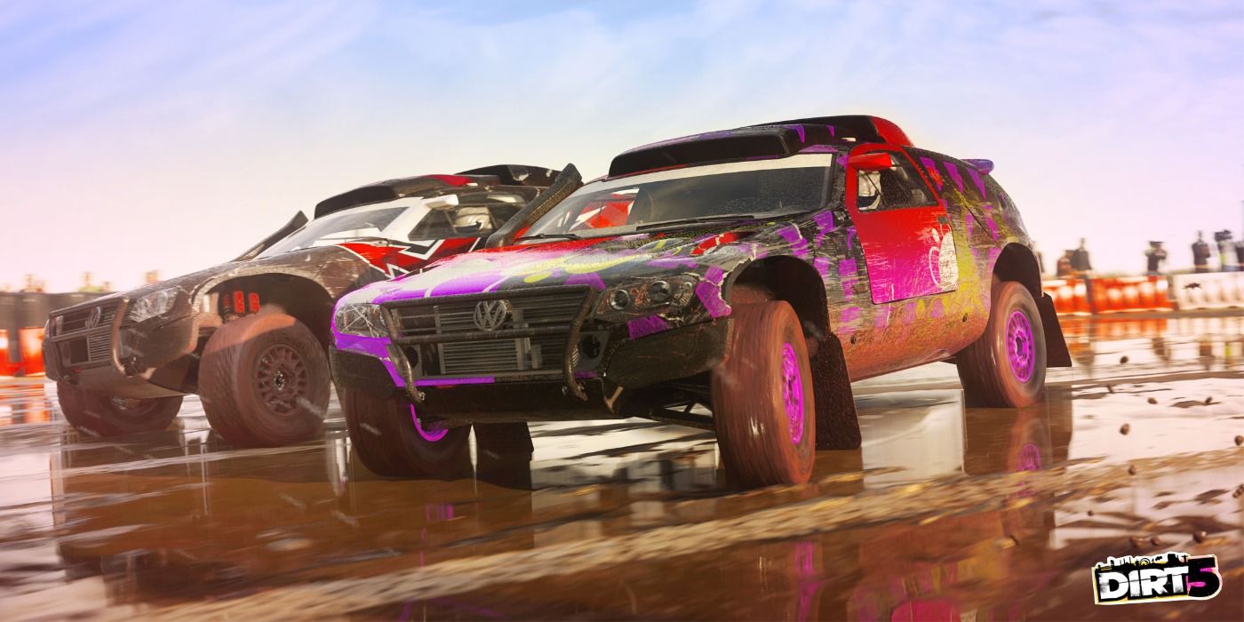 dirt 5 two cars driving on water