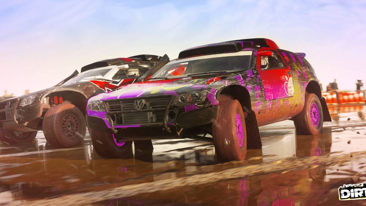 dirt 5 two cars driving on water
