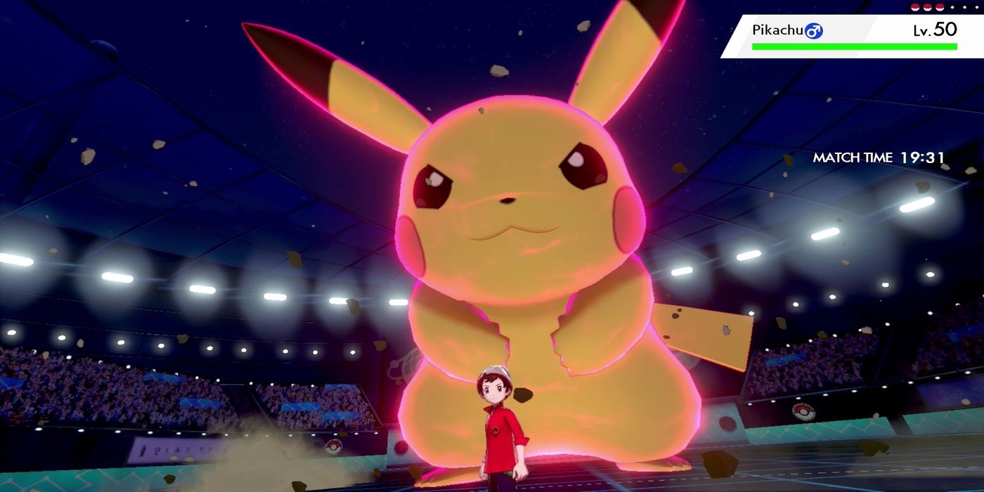 A Dynamaxed Pikachu in a Gym Stadium