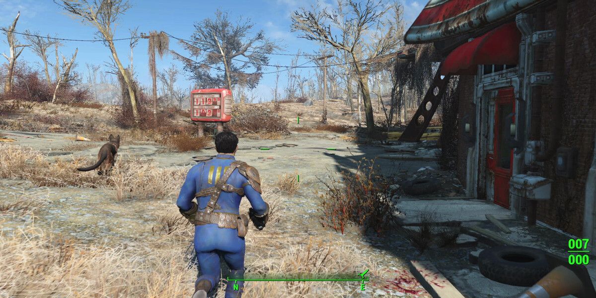 Игрок Fallout 4 бегает трусцой по внешней среде