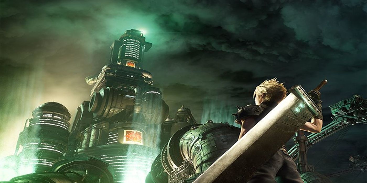 final fantasy 7 remake where cloud looks at the shinra hq.